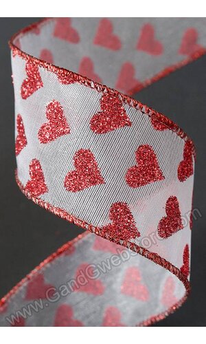 1.5" X 50YDS WIRED SHEER GLITTER HEART RIBBON RED/WHITE