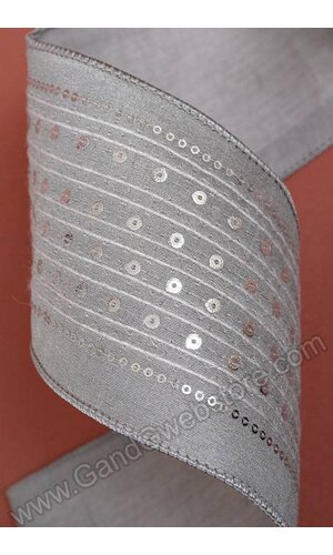 4" X 5YDS SEQUIN & THREAD CANVAS WIRED RIBBON GREY