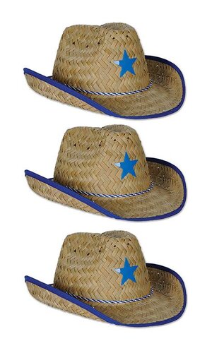 14"x 7" CHILD COWBOY HATS W/STAR & CHIN STRAP (PKG/3) BLUE