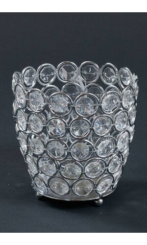 4" X 3.5" CRYSTAL BEAD CANDLE HOLDER SILVER/CLEAR