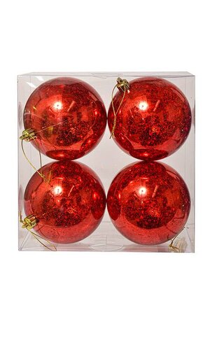 100mm Plastic Mercury Ball Ornament Red Pkg/4