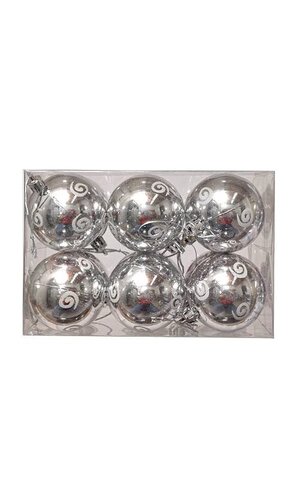 60mm Shiny Plastic Ball Ornament w/white Swirl - Silver/white Bx/12