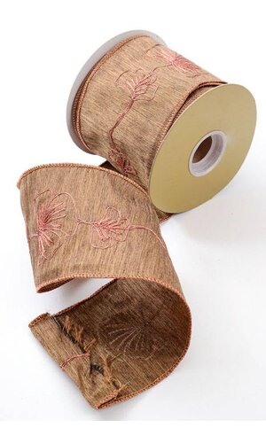 4" X 10YDS GINKO LEAVES EMBROIDERED RIBBON BROWN