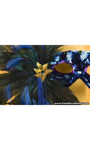 SEQUIN EYES MASK W/STICK AND FEATHER ROYAL BLUE