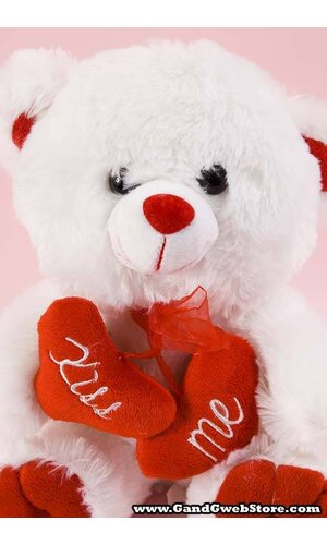 9.5" TEDDY BEAR W/RED HEART "KISS ME" WHITE/RED