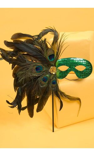 SEQUIN EYES MASK W/STICK & FEATHER GREEN/GREEN