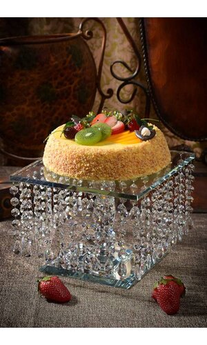 9.75" X 7.5" SQUARED GLASS CAKE STAND W/ACRYLIC BEADS CLEAR