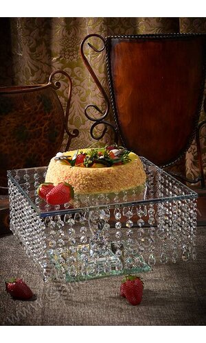 13.75" X 7.5" SQUARED GLASS CAKE STAND W/ACRYLIC BEADS CLEAR
