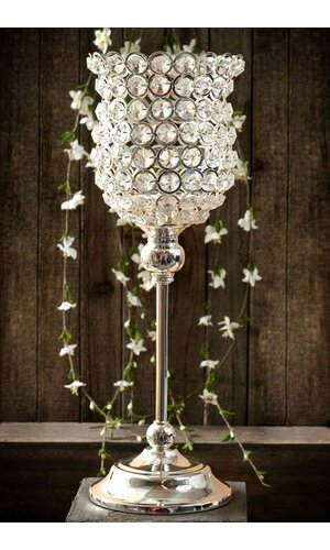14.75" CRYSTAL CANDLE HOLDER SILVER