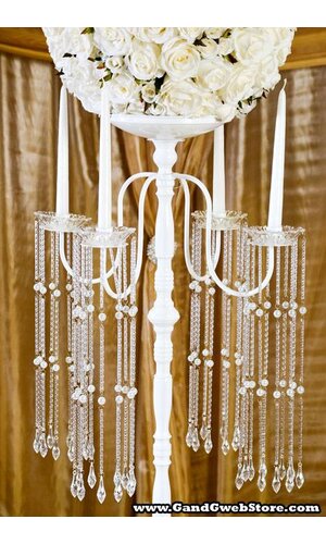 42" METAL CANDLE HOLDER W/BEADS SHINY WHITE
