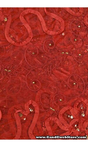 27" X 108" SHEER FABRIC W/SATIN FLOWERS RED/GOLD