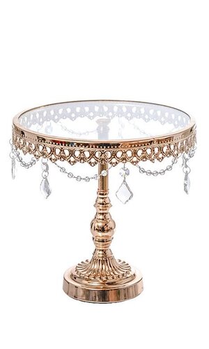 10.5" H ROUND CAKE STAND W/CRYSTAL GOLD
