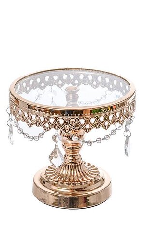 7" H ROUND CAKE STAND W/CRYSTAL GOLD