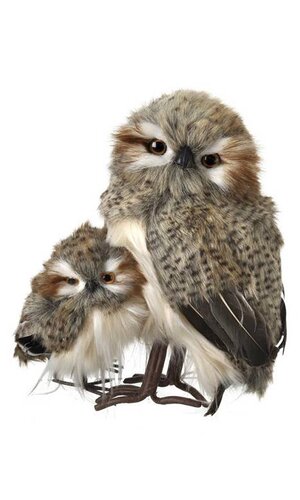 10.5" STANDING SPECKLED HOOT OWL W/BABY NATURAL