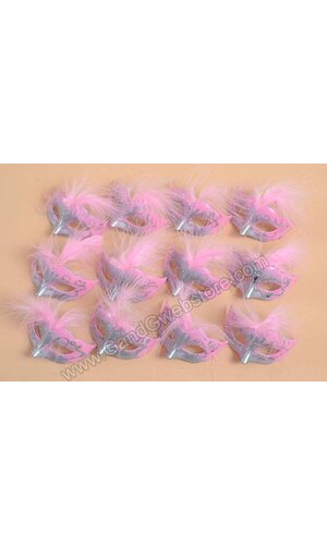 3" X 1.5" MINI FEATHER MASK PINK/SILVER PKG/12