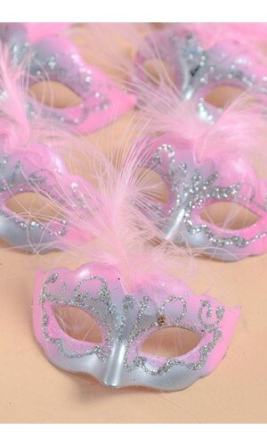 3" X 1.5" MINI FEATHER MASK PINK/SILVER PKG/12