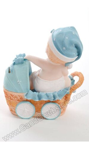 7" CERAMIC BABY BOY IN CARRIAGE MONEY BANK BLUE