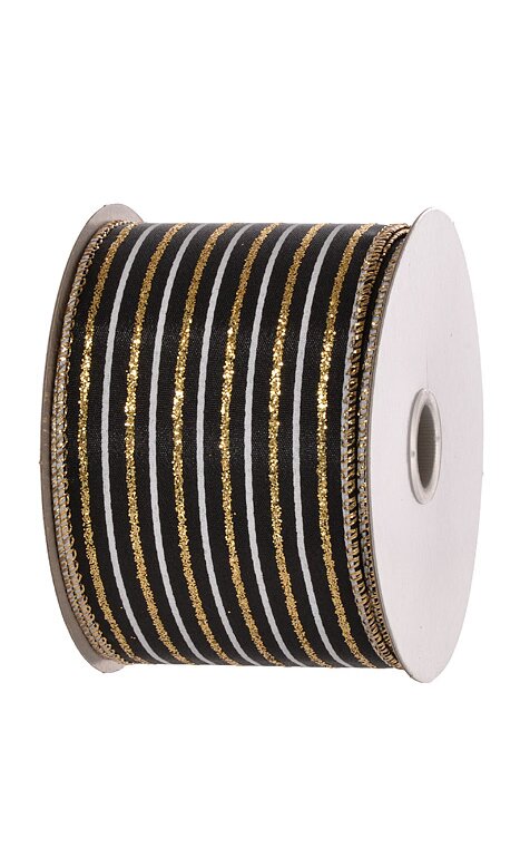 2.5 X 10Yds Wired Satin Gold Glitter White Thin Vertical Stripe Ribbon  Black